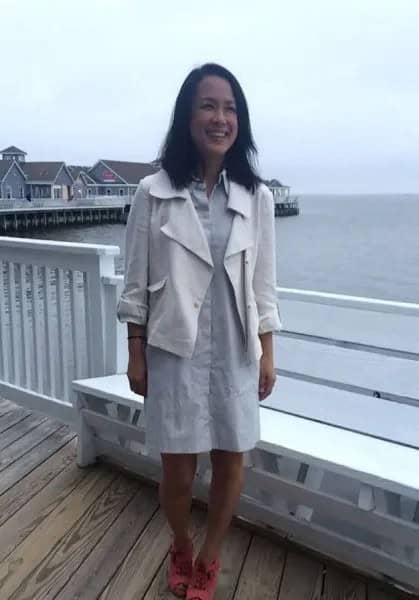 White Blazer with Light Grey Shirt Dress