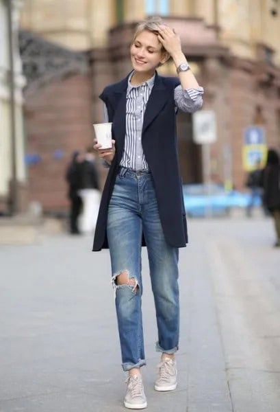 Black Vest with Vertical Striped Button Up Shirt & Jeans