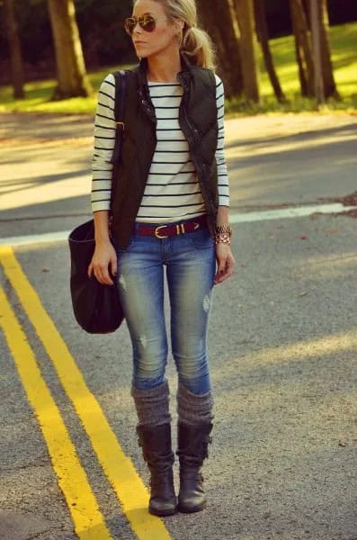 Black Puffer Vest with Striped Long Sleeve Tee & Mid-Calf Boots