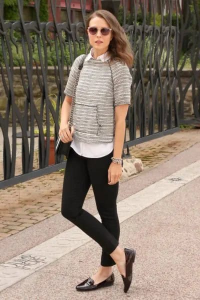 Grey and White Striped Short Sleeve Sweater Over Collar Shirt