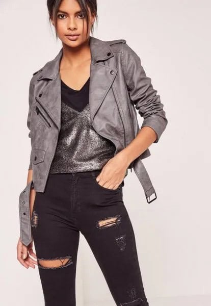 Grey Leather Jacket with Silver Vest Top & Ripped Black Jeans