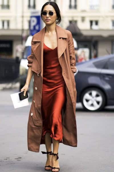 Camel Maxi Trench Coat Over Burgundy Silk Maxi Slip Dress