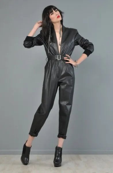 Black Belted Cuffed Jumpsuit with Leather Ankle Boots