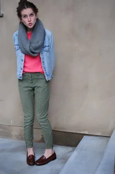 Light Blue Denim Jacket with Pink Sweater & Infinity Scarf