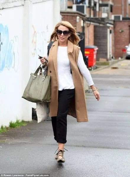 Camel Long Coat with White Long Sleeve Tee