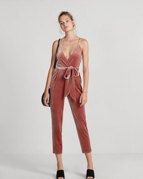 Blush Pink Deep V Neck Tie Waist Cropped Velvet Jumpsuit