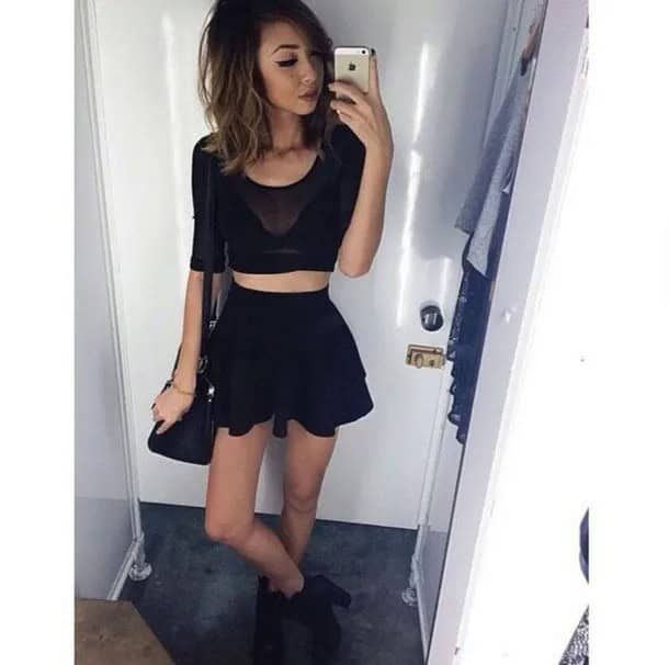 Black Cropped Mesh Top with Mini Skater Dress