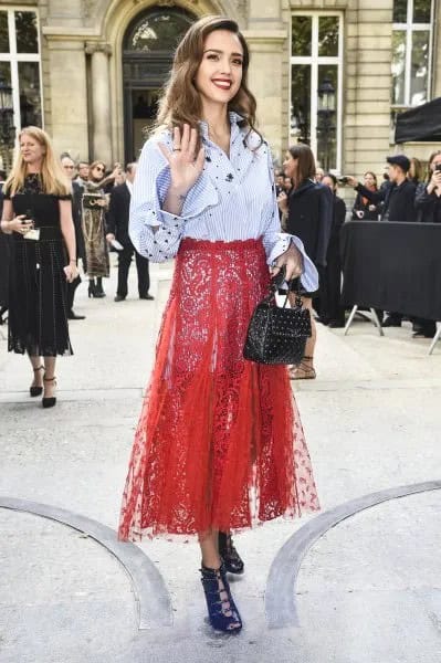 Light Blue and White Striped Shirt with Red Lace Sheer Maxi Skirt