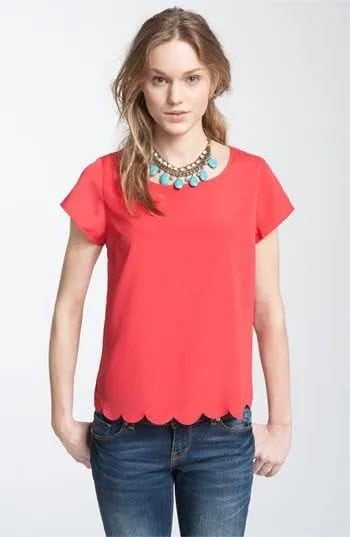 Red Scalloped Short Sleeve Shirt with Blue Skinny Jeans