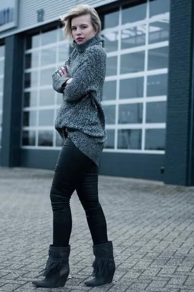 Grey Mock Neck Chunky Knit Sweater with Black Wide-Calf Leather Wedge Boots