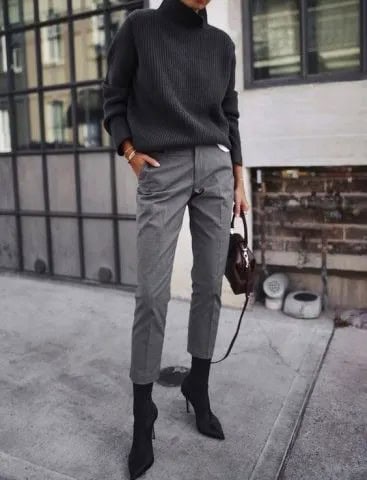 Black Over-The-Ankle Boots and Grey Chinos Outfit