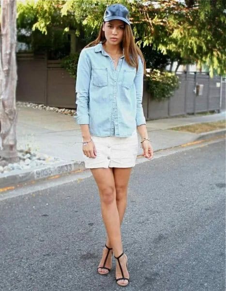 Chambray Shirt with White Denim Mini Skirt & Leather Baseball Cap