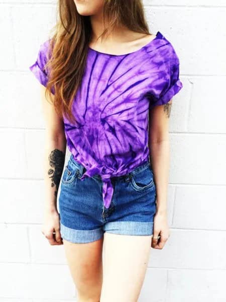 Tie Dye Knotted Tee with Denim Cuffed Shorts