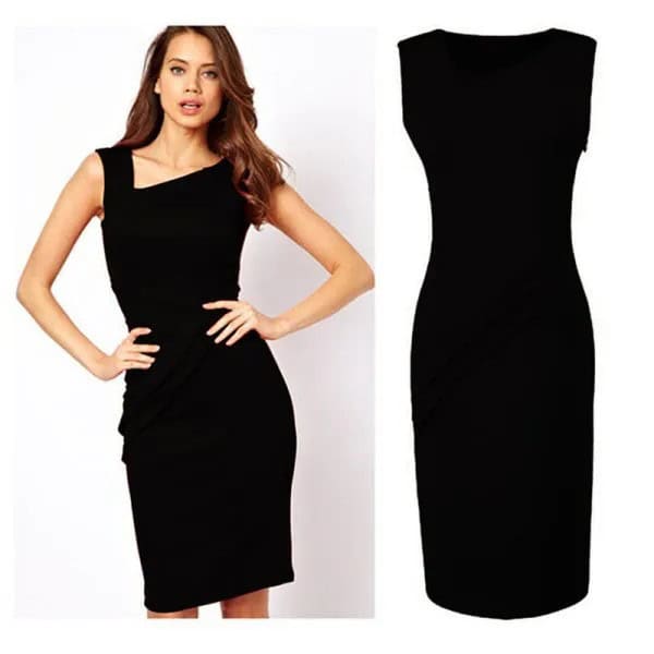 Black Asymmetric V Neck Sheath Midi Dress