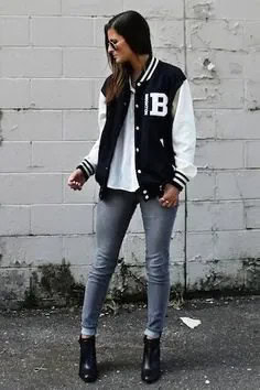 Black and White Jacket with White Tee & Grey Skinny Cuffed Jeans