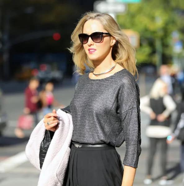 Grey Crew Neck Sweatshirt with Pleated Midi Skirt & Silver Choker