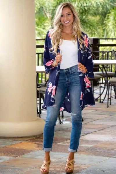 Navy Blue Longline Kimono Cardigan with White Scoop Neck Vest Top