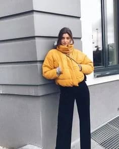 Yellow Puffer Jacket with Black Wide Leg Jeans