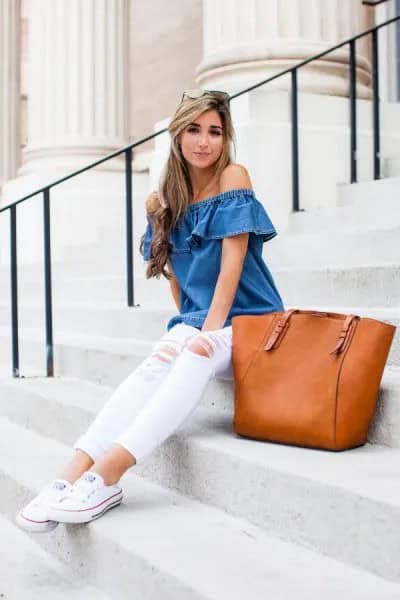 Blue Off The Shoulder Denim Top with White Skinny Jeans & Sneakers