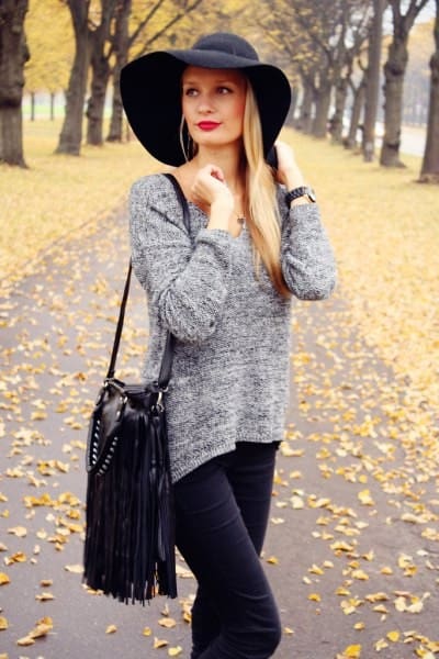 Black Floppy Hat with Heather Grey Knit Sweater