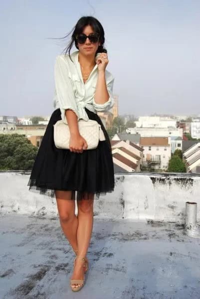 White Linen Shirt with Black Mini Chiffon Skater Skirt