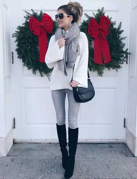 White Chunky Knit Sweater with Grey Skinny Jeans & Black Knee High Tall Boots