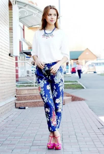 Blue Printed Pants with White Blouse