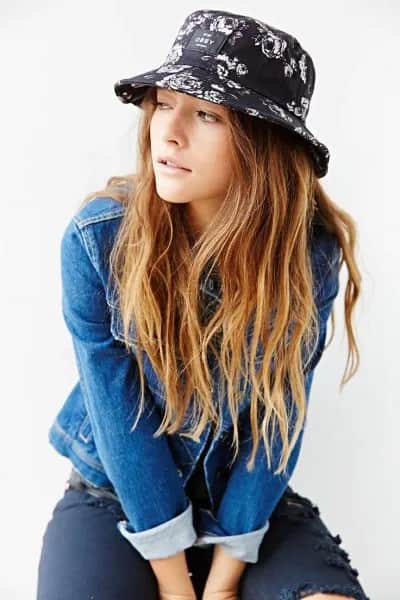 Black Printed Bucket Hat with Denim Jacket & Ripped Jeans