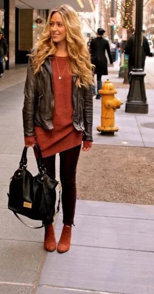 Brown Leather Jacket with Green Sweater Dress