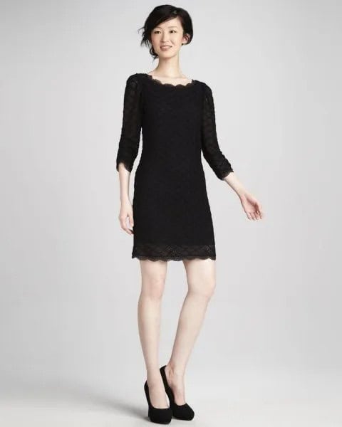 Black Scalloped Hem Lace Shift Dress