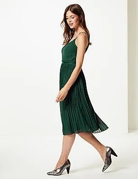 Green Pleated Midi Tank Dress with Silver Heels