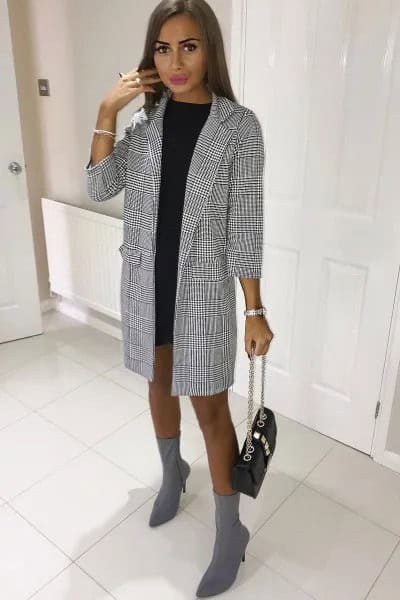 Black and White Checkered Long Blazer with Mini Shift Dress