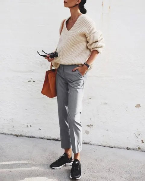 White V Neck Ribbed Sweater with Grey Cropped Chinos