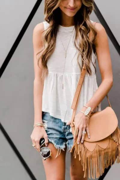 White Peplum Ruffle Top with Denim Shorts