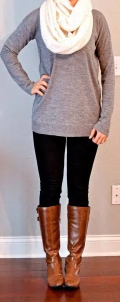 Grey Long Sweater with White Knit Scarf