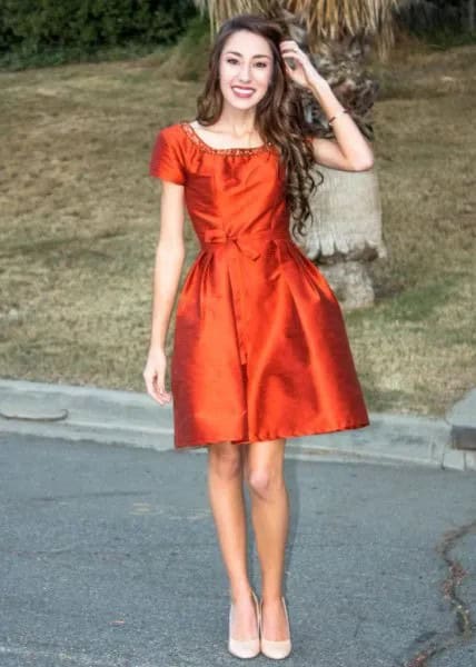 Orange Silk Skater Dress with Silver Sequin Neckline