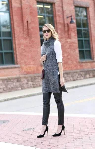 White Blouse with Grey Turtleneck Tunic Sweater & Leather Leggings