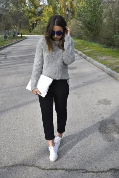 Grey Turtleneck Chunky Sweater with Black Cuffed Chinos