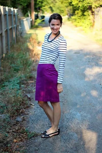 Purple and White Striped Long Sleeve Tee with Knee Length Skirt