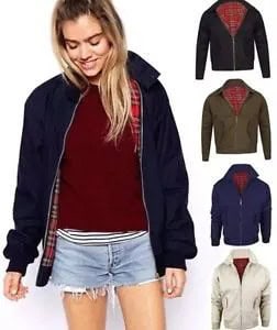 Navy Harrington Jacket with Burgundy Sweater & Blue Denim Shorts