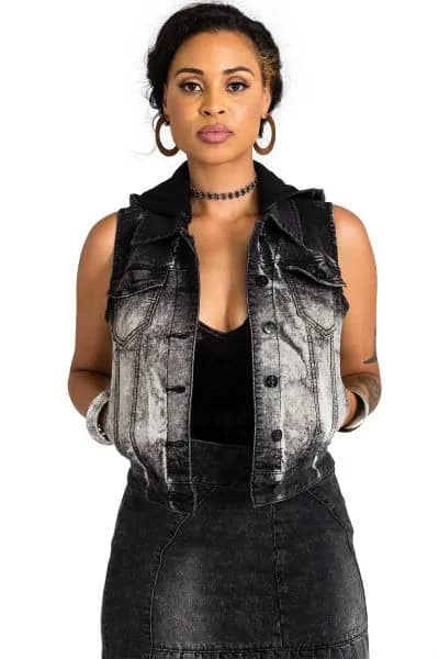 Heavily Washed Denim Vest with Black Deep V Neck Mini Denim Dress