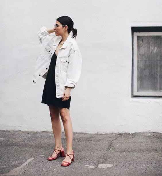 White Denim Jacket + Black Dress