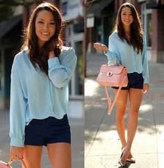 Light Blue Button Up Shirt with Navy Mini Dress Shorts