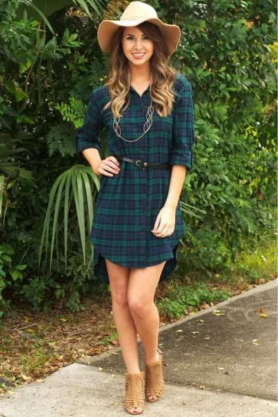 Navy Belted Plaid Tunic Shirt Dress with Straw Floppy Hat