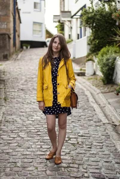 Yellow Rain Jacket with Black and White Polka Dot Mini Shift Dress