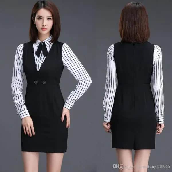 Black Gathered Waist Mini Vest Dress with Striped Button Up Shirt