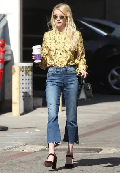 Yellow Floral Printed Blouse with Flared Cropped Jeans