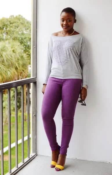 Light Grey Boat Neck Long Sleeve Tee with Purple Jeans