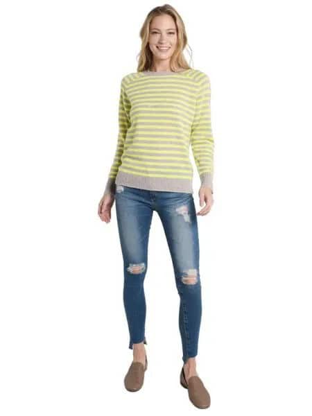 Yellow and Grey Striped Sweater with Ripped Skinny Jeans