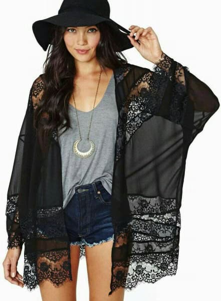 Black Chiffon Cardigan with Lace Details